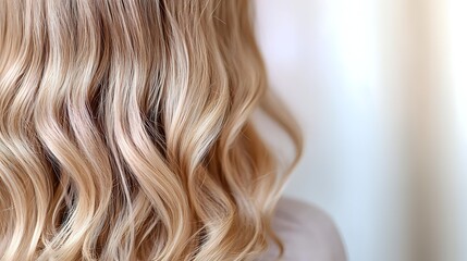Soft waves of blonde hair styled in loose curls against light background, showcasing modern hairstyling technique and natural-looking highlights for beauty and fashion use.