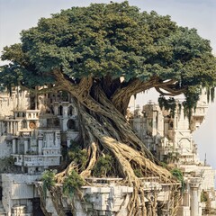 Obraz premium Majestic Tree Growing on a Fantastical Ancient Structure