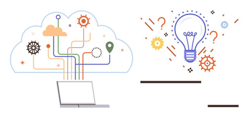 Laptop connected to a cloud, gears, and lines, symbolizing data flow and networking. Light bulb with gears and question marks highlights innovation and problem-solving. Ideal for technology, cloud
