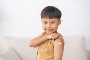 Portrait of happy smile vaccinated little asian kid boy children ages 5 to 11 years old posing show arm with medical plaster after Injection vaccine Covid-19 protection.coronavirus vaccination kid