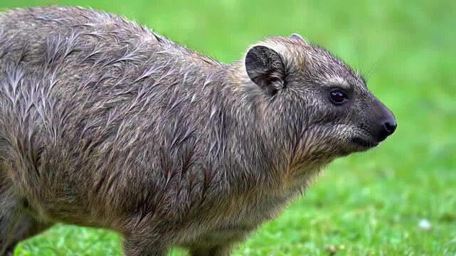 Profile view of a furry rock hyrax standing alertly on vibrant green grass in its natural habitat, showcasing its unique coarse coat and keen eyes.