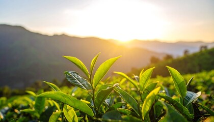 Sunrise over tea plantation.
