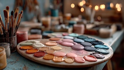 Artist's wooden palette with paints and brushes in a cozy workshop, candles in background