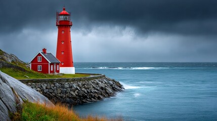 Naklejka premium Red lighthouse guiding ships through stormy seas in norway