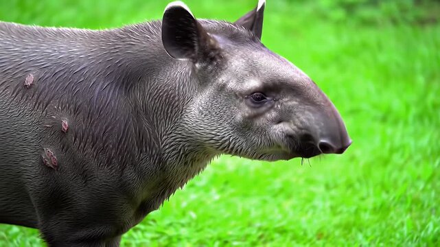 Majestic South American Tapir (Tapirus terrestris) standing in lush green grass, displaying its unique proboscis and robust physique in a natural s...