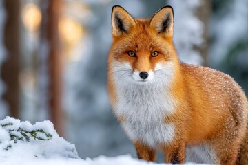 Fototapeta premium Red fox standing in snowy forest during winter day