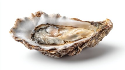 A detailed macro photograph focusing on the intricate beauty of a single large oyster shell showcasing its rough layered exterior and the smooth iridescent nacre of its interior
