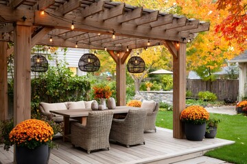 Cozy pergola dining area with string lights and autumn decorations