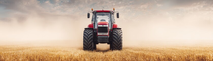 Obraz premium An agricultural tractor sits parked in a vast golden field of ripened wheat under a clear sky ready for the upcoming harvest season in the serene rural countryside landscape
