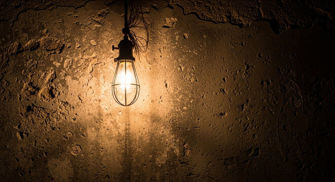 Single vintage light bulb illuminating a dark, textured concrete wall - Powered by Adobe