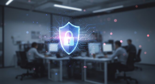 Office workers with cybersecurity shield overlay - Powered by Adobe