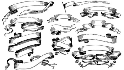 Set of scroll ribbon banners in Barocco style. Hand drawn engraving for your text in vintage traditional technique. For wedding, events, birthday and greetings.