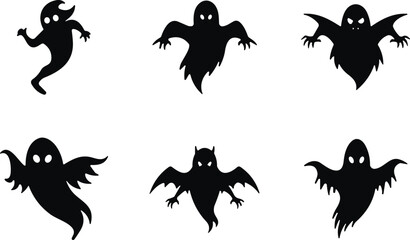 Ghost silhouettes, spooky shapes, Halloween icons, cartoon ghosts, scary figures, haunted theme, black spirits, creepy design, horror elements, eerie characters