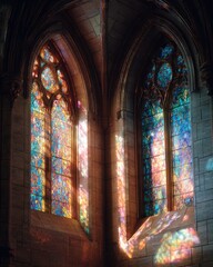 Stained Glass Windows in Gothic Architecture with Colorful Reflections and Intricate Designs in a Historical Setting