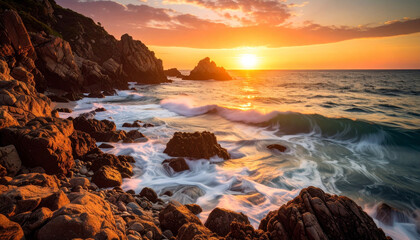 Obraz premium The soft, dreamy colors of a serene ocean sunset, banner with copy space, tranquil seascape, vibrant sky, peaceful coastal landscape