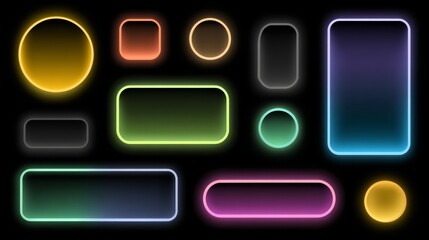 Set of luminous neon glowing frames and borders with a futuristic retro aesthetic for digital design and abstract geometric compositions on a dark background