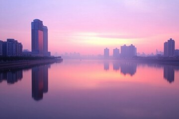 Fototapeta premium Cityscape's Tranquil Dawn: A serene cityscape mirrors in calm water as the dawn paints the sky with hues of pink and purple, the architectural silhouettes standing tall. 