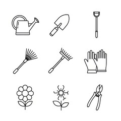Obraz premium Collection of simple line art icons representing gardening tools and plants.