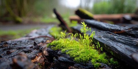 Obraz premium Young green moss beginning to regrow on dark wet decaying wood in natural forest environment with blurred background