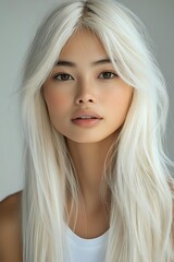 Fototapeta premium Young Asian woman with platinum blonde hair and natural makeup wearing white tank top against light background, soft studio lighting creates gentle shadows.
