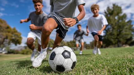 Soccer players playing in the field on a sunny day. Focus on the ball
