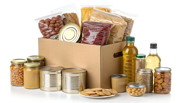 Donation box filled with food items groceries and essential supplies on white background