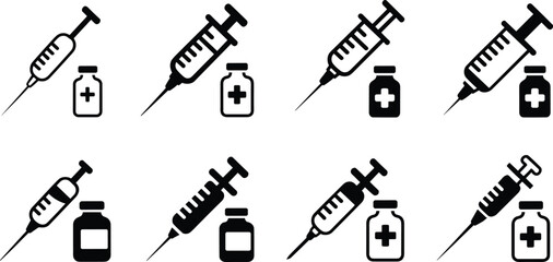 Medical syringe and vial icons, vaccination equipment set, healthcare injection symbols, black and white medicine graphics, immunization tools illustration