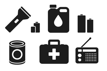 Fototapeta na wymiar Emergency preparedness kit items silhouette collection