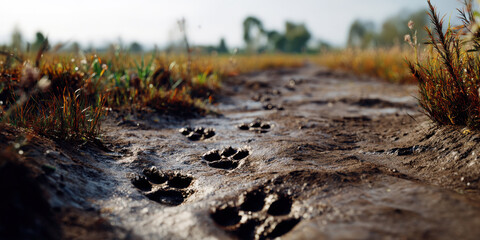 Fototapeta premium Dog paw prints imprinted on soft mud trail with grass on sides under natural daylight in outdoor setting