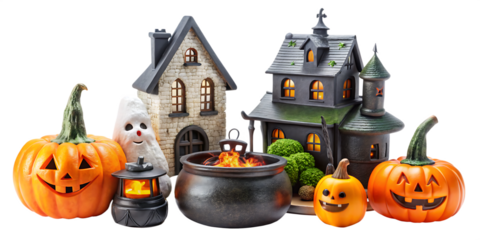 set of decorative halloween objects: cauldron, ghost, witch house castle, pumpkin, tombstone isolated on white background ,PNG.AI Generated.