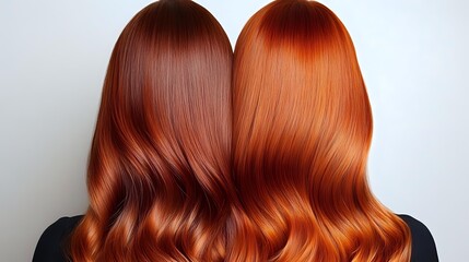 Two women with long wavy copper red hair shown from behind, demonstrating professional hair coloring and styling techniques for beauty salon and hairdressing industry.