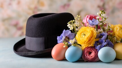 Festive Easter cap decorated with flowers and eggs 