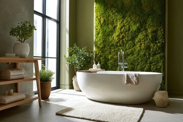 Moss wall decor in modern bathroom with freestanding tub and natural light ambiance