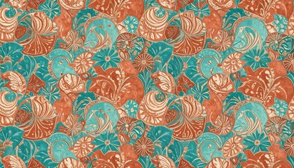 Elegant vintage ornamental background featuring abstract paisley and floral designs in a rich turquoise and rust color palette.