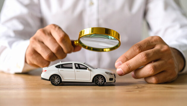 A man holds a magnifying glass over a miniature wooden car. The estimated cost of the auto. Analysis and technical inspection of cars. Buying a new car. Insurance. Vehicle condition. Loan. Search