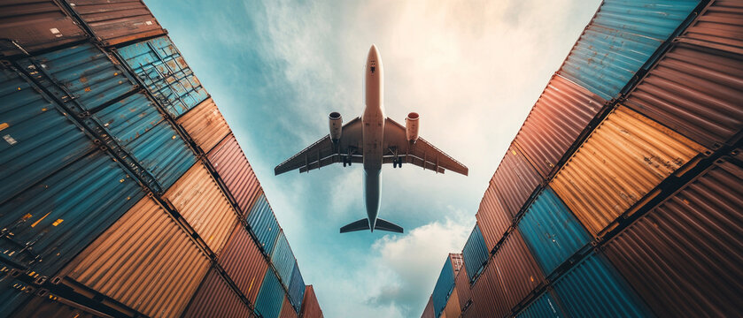 An airplane against a backdrop of tall containers, relevant for articles on logistics, transportation, and global trade.