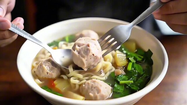 Appetizing close-up of a person eating a hot bowl of Bakso, Indonesian meatball noodle soup