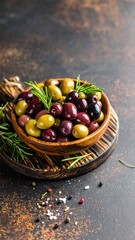 Mediterranean Tapas Platter with Olives, Peppers, Berries, and Rustic Bread, space for text