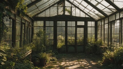 Fototapeta premium Overgrown Greenhouse Interior with Sunlight Filtering Through Glass Panes and Foliage
