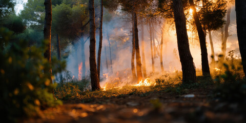 Fototapeta premium Forest fire burning dry grass and trees with smoke and sunlight shining through smoky woodland creating dramatic atmosphere