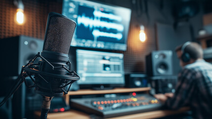 A high-resolution, full-HD photograph of a modern podcast studio. The scene is brightly lit with professional studio lights. A high-quality condenser microphone is in the foreground with a pop filter.