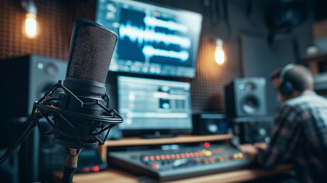 A high-resolution, full-HD photograph of a modern podcast studio. The scene is brightly lit with professional studio lights. A high-quality condenser microphone is in the foreground with a pop filter.