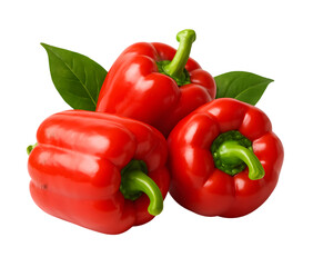 Three ripe red bell peppers with green stems and leaves on a black background