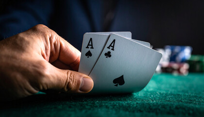 The dramatic moment of holding a winning pair of aces in poker.