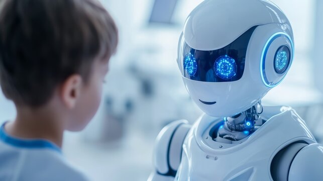 A friendly robot doctor engaging with children in a pediatric clinic, explaining medical procedures with compassion