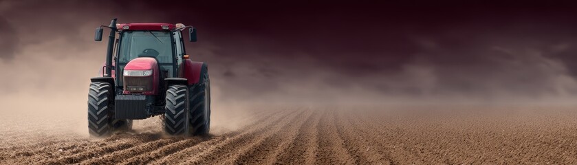 Obraz premium Powerful agricultural tractor diligently plowing a vast open field of dry brown grass preparing the fertile soil for the upcoming planting season in a serene rural landscape