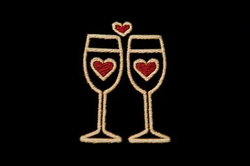 Embroidered Champagne Glasses with Red Hearts on Black Background Celebrating Love and Romance