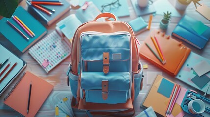 Educational essentials with a full backpack and stationery symbolizing preparation for school and learning activities