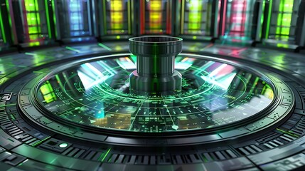 Round data vault design with central core reactor, color cycling tubes, tech-engraved flooring, subtle green glow across server glass.