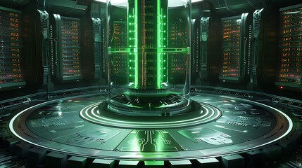 Round data vault design with central core reactor, color cycling tubes, tech-engraved flooring, subtle green glow across server glass.